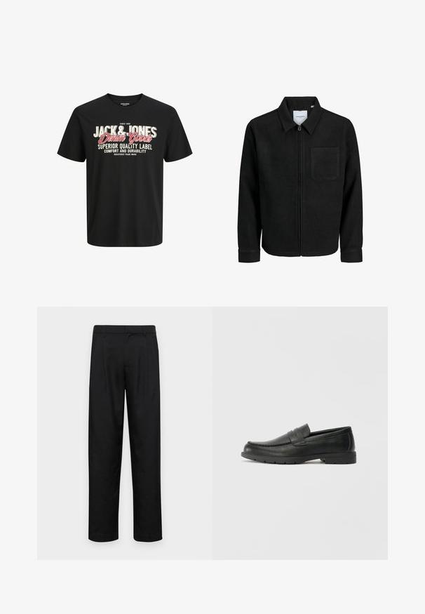 Black zip-up jacket with collar and single chest pocket, displayed on white background.; Black cotton t-shirt with a crew neck. Features bold white and red lettering: "JACK & JONES Denim Goods" and "Superior Quality Label."; Black trousers made of smooth fabric, featuring a straight-leg design, two front pleats, and standard waistband with belt loops.; Black leather loafers with a smooth finish, moccasin-style upper, stitched detailing, and a rubber sole. Classic design with a low heel.