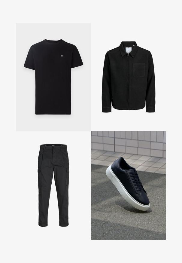 Chaqueta negra con cremallera y cuello, con un solo bolsillo en el pecho, expuesta sobre un fondo blanco.; Camiseta de algodón negra con cuello redondo clásico, mangas cortas y un pequeño logo blanco bordado en el lado izquierdo del pecho.; Pantalones cargo negros hechos de tela resistente, que cuentan con múltiples bolsillos, un cierre de botón y un diseño de corte slim con piernas ajustadas.; Zapatilla de cuero negro con punta redonda y suela de goma blanca. Presenta cordones planos y un mínimo de costuras en la parte superior. Suela texturizada para proporcionar agarre.