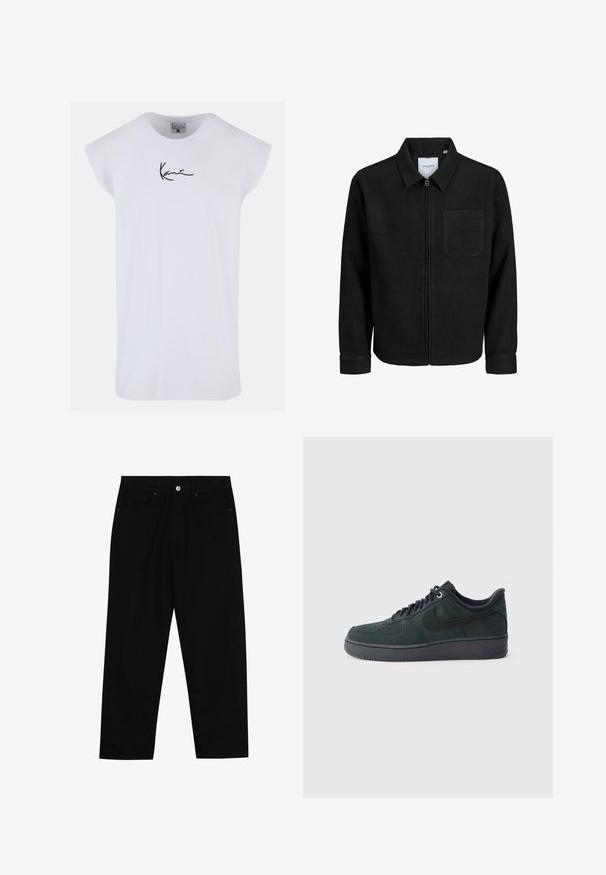 Sort lynlåsjakke med krave og en enkelt brystlomme, vist på hvid baggrund.; Karl Kani SMALL SIGNATURE TEE - Top - white; Sorte denimbukser med lige ben, fem lomme-design og knaplukning foran. Glat tekstur med minimale syninger.; Nike Air Force 1 sneakers i mørkegrøn ruskind med sorte accenter, tekstureret overdel, rund tå og gummisål. Med snøresystem.