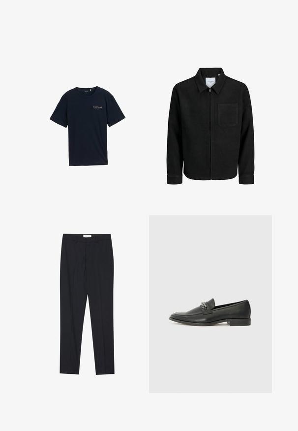 Črna jakna z zadrgo in ovratnikom ter enim žepom na prsih, prikazana na beli podlagi.; Tamnok modri bombažni majica s krojem okrogle vratu in kratkimi rokavi. Ima majhen rdeč besedilni logotip na prsih. Redna prileganje, gladka tekstura.; Črne krojene hlače s ravnim sprednjim delom, redne kakovosti, izdelane iz gladkega materiala, z gubanjem in stranskimi žepi.; Črni usnjeni loafer z gladko površino, ki ima šivano zasnovo in dekorativni kovinski verižni naglas preko vampirja. Ravno peto.