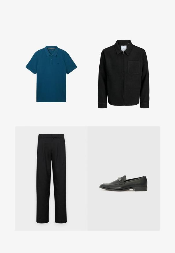 Črna jakna z zadrgo in ovratnikom ter enim žepom na prsih, prikazana na beli podlagi.; Teal polo majica iz bombaža, z ovratnikom, tremi gumbi, kratkimi rokavi in majhnim logotipom na levem prsnem delu.; Črne hlače iz gladkega materiala, s krojem ravne noge, dvema sprednjima pregiboma in standardnim pasom z zankami za pas.; Črni usnjeni loafer z gladko površino, ki ima šivano zasnovo in dekorativni kovinski verižni naglas preko vampirja. Ravno peto.