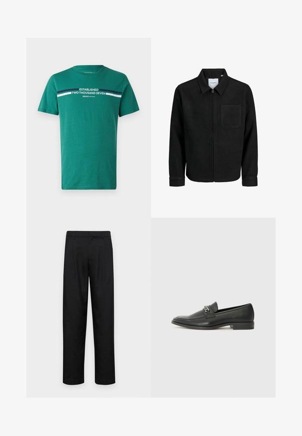 Juodas džemperis su užtrauktuku, apykakle ir vienu krūtiniu kišenėje, pristatytas baltame fone.; Žalias medvilnės marškinėlis su apvaliu iškirpimu, su balta užrašu "ĮKURTA DU TŪKSTANČIAI SEPTYNI" ir dviem horizontaliomis juostelėmis tamsiai mėlynos ir baltos spalvos.; Juodi kelnių modeliai, pagaminti iš lygios medžiagos, turi tiesią kojas, du priekiniai klostės ir standartinę juosmenį su diržo kilpomis.; Juodos odinės loafer tipo bateliai su lygiu paviršiumi, turintys siuvinėtą dizainą ir dekoratyvų metalo grandinėlės akcentą ant batų viršaus. Plokščias kulnas.