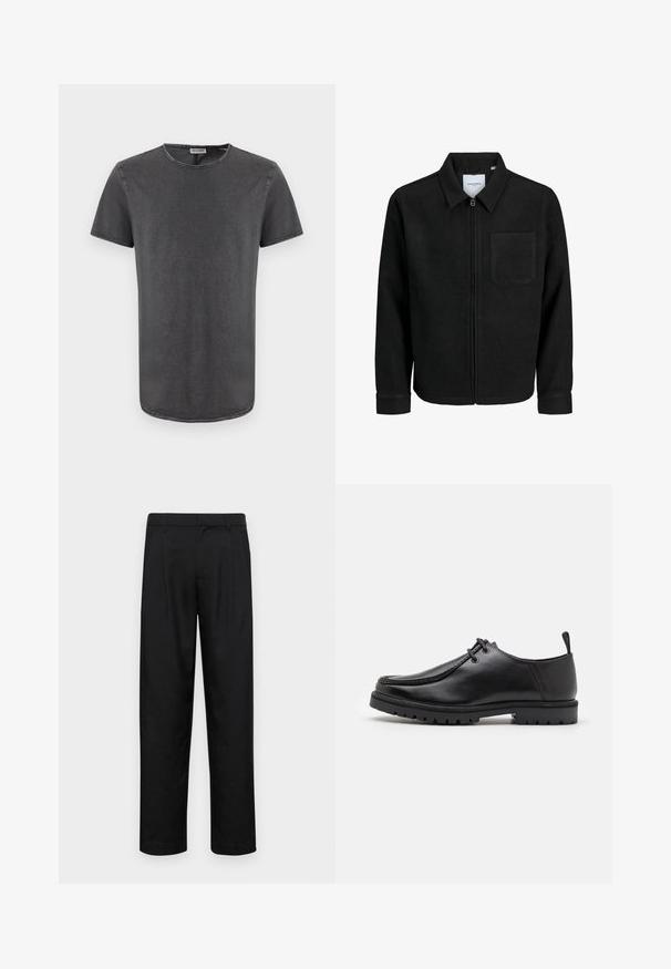 Sort lynlåsjakke med krave og en enkelt brystlomme, vist på hvid baggrund.; Grå t-shirt med korte ærmer og rund hals, lavet af blødt stof, med en let buet kant og synlige sømdetaljer.; Sorte bukser lavet af glat stof, med et lige ben-design, to frontfolder og en standard talje med bæltestropper.; Sort læder snøresko med en robust sål og en pull tab ved hælen, vist fra siden på en hvid baggrund.