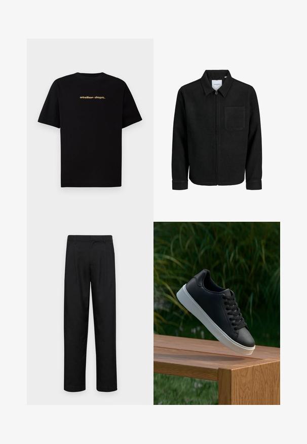 Jachetă neagră cu fermoar, cu guler și un singur buzunar pe piept, expusă pe fundal alb.; Tricou din bumbac negru cu mâneci scurte, având logo-ul "atelier dept." în aur pe față. Design clasic cu guler rotund, croială lejeră.; Pantaloni negri dintr-un material neted, cu un design drept, două pliuri frontale și un tiv standard cu bucle pentru curea.; Adidași din piele neagră cu o textură netedă, talpă din cauciuc alb și șase orificii pentru șireturi, expuși pe o suprafață din lemn.