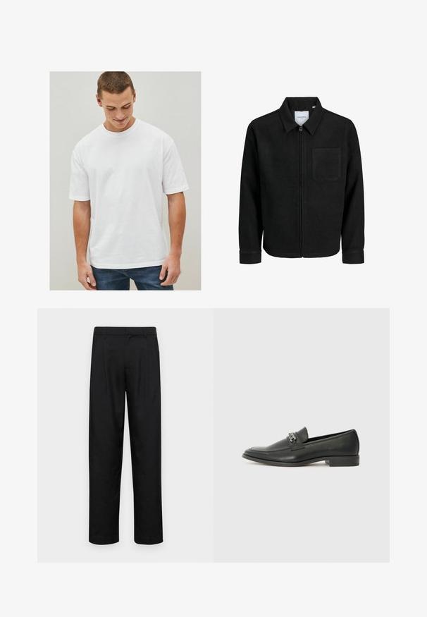 Schwarze Zip-Jacke mit Kragen und einer einzelnen Brusttasche, auf weißem Hintergrund präsentiert.; Weißes Baumwoll-T-Shirt mit kurzen Ärmeln, lockerer Passform und rundem Ausschnitt. Keine Muster oder Akzente, präsentiert mit Denim-Jeans.; Schwarze Hose aus glattem Stoff, mit geradem Bein Design, zwei vorderen Falten und einem Standardbund mit Gürtelschlaufen.; Schwarzer Lederloafer mit glatter Oberfläche, ausgestattet mit einer gesteppten Gestaltung und einem dekorativen Metallkettendetail über dem Vorderblatt. Flacher Absatz.