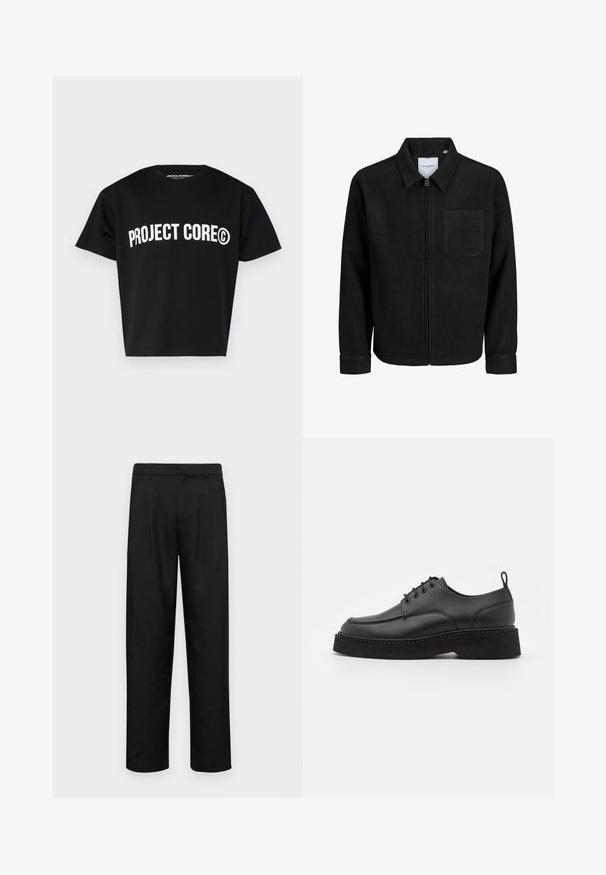 Svart zip-jacka med krage och en enda bröstficka, visad på vit bakgrund.; Jack & Jones JCOOPUS TEE - T-shirt med print - black; Svarta byxor i slät väv, med rak ben-design, två framfickor och standardmidja med bälteshällor.; Svart läder snörskot med rund tå, tjock svart plattformssula och dekorativ sömnad längs kanten. Slät textur.