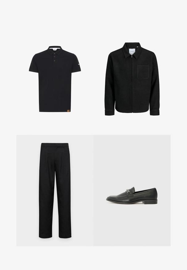 Melna jaka ar rāvējslēdzēju un apkakli, vienu krūšu kabatu, parādīta uz baltas fona.; Melna polo krekla bezrakstura krāsā, ar klasisku apkakli, trim brūniem pogām un teksturētu uzlīmi ar logo uz piedurknes.; Melnas bikses, izgatavotas no gludas auduma, ar taisnu kāju dizainu, divām priekšējām krokām un standarta jostu, kurai ir āķi.; Melna ādas loafer izmēra apavi ar gludu virsmu, piedāvā ar šūtu dizainu un dekoratīvu metāla ķēdes akcentu pār vampu. Plakana papēža daļa.