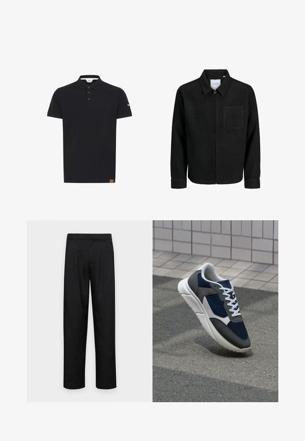 Melna jaka ar rāvējslēdzēju un apkakli, vienu krūšu kabatu, parādīta uz baltas fona.; Melna polo krekla bezrakstura krāsā, ar klasisku apkakli, trim brūniem pogām un teksturētu uzlīmi ar logo uz piedurknes.; Melnas bikses, izgatavotas no gludas auduma, ar taisnu kāju dizainu, divām priekšējām krokām un standarta jostu, kurai ir āķi.; Sporta apavi ar tumši zilas krāsas tīkla augšdaļu, pelēku zamšādas akcentiem, baltu gumijas zoli un plakaniem baltiem šņorēm, kas izstrādāti komfortam un elpojamībai.