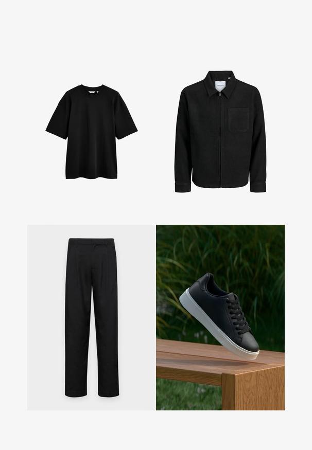 Czarna kurtka z zamkiem na całej długości, z kołnierzem i jedną kieszenią na piersi, umieszczona na białym tle.; Czarny bawełniany t-shirt z krótkim rękawem, luźny krój, okrągły dekolt i gładka faktura. Minimalistyczny design bez wzorów czy zdobień.; Czarne spodnie wykonane z gładkiego materiału, z prostą nogawką, dwoma fałdami z przodu oraz standardowym paskiem z wypustkami na pasek.; Czarne skórzane sneakersy o gładkiej fakturze, z białą gumową podeszwą i sześcioma otworami na sznurowadła, wyeksponowane na drewnianej powierzchni.