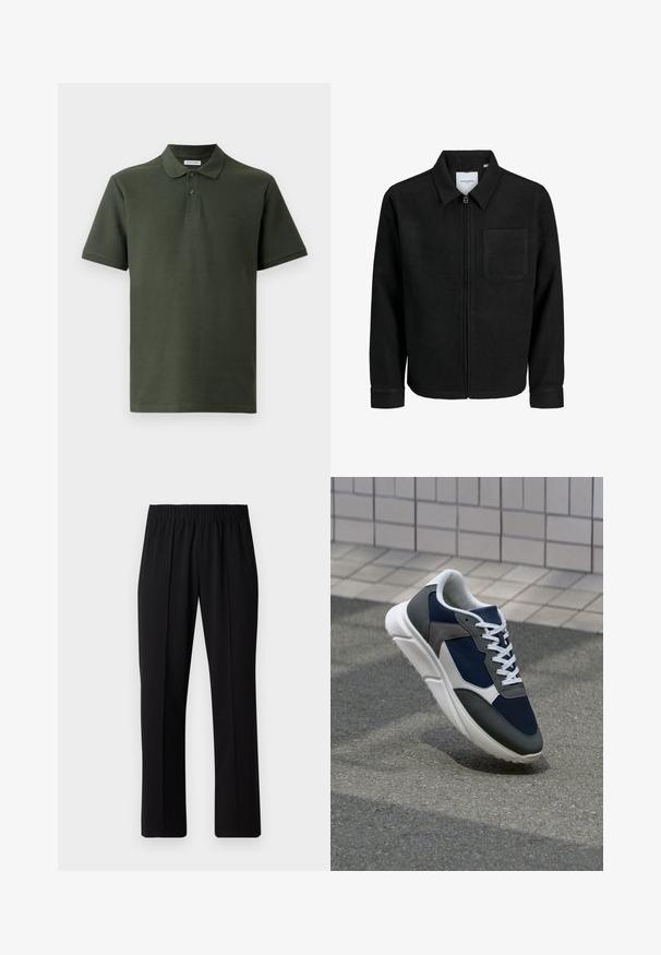 Zwarte zip-up jas met kraag en enkele borstzak, weergegeven op een witte achtergrond.; Donkergroene polo met een gestructureerde stof. Voorzien van een kraag, twee knopen en een klein logo op de borst. Korte mouwen.; Zwarte, elastische broek met rechte pijpen, met een gladde textuur en zonder zichtbare patronen of hardware.; Sneaker met een marineblauwe mesh bovenwerk, grijze suède accenten, witte rubberen zool en platte witte veters, ontworpen voor comfort en ademend vermogen.