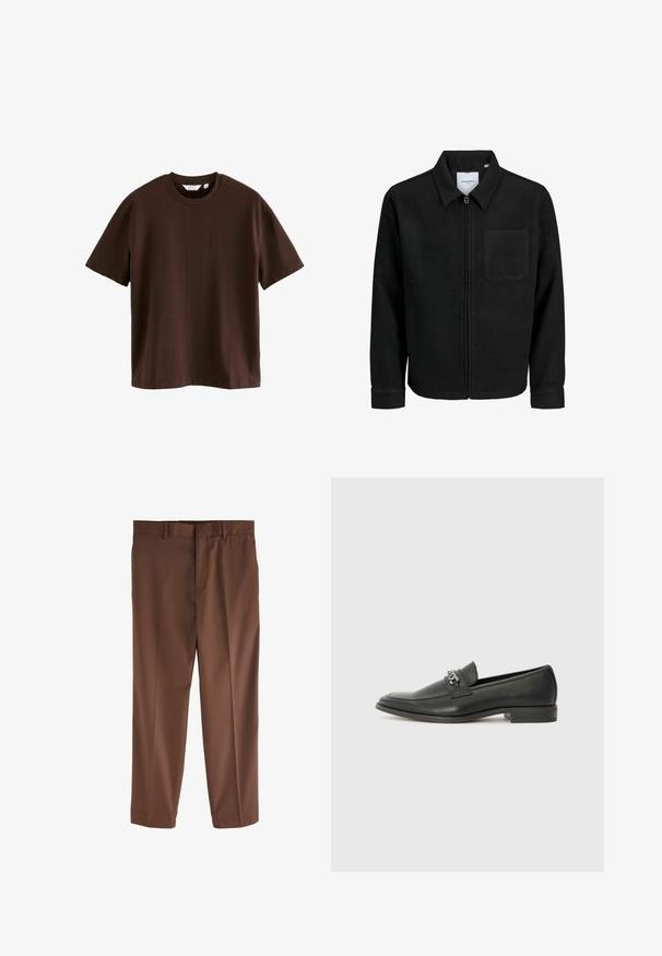 Zwarte zip-up jas met kraag en enkele borstzak, weergegeven op een witte achtergrond.; Next HEAVYWEIGHT - T-shirt basic - mottled brown; Bruine op maat gemaakte broeken met een gladde textuur, recht model, riemlussen en een enkele voorplooien. Geen zichtbare zakken of accenten.; Zwarte leren instapper met een gladde afwerking, voorzien van een gestikt ontwerp en een decoratieve metalen kettingaccent over de wreef. Platte hak.