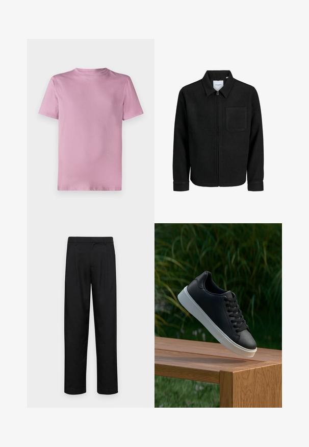 Giacca nera con zip, colletto e una tasca sul petto, mostrata su sfondo bianco.; T-shirt in cotone rosa con collo rotondo, maniche corte e una texture liscia. Design semplice e non decorato, senza loghi o fantasie.; Pantaloni neri realizzati in tessuto liscio, caratterizzati da un taglio dritto, due pieghe frontali e una vita standard con passanti per la cintura.; Sneaker in pelle nera con una texture liscia, suola in gomma bianca e sei grommet per i lacci, posizionata su una superficie di legno.