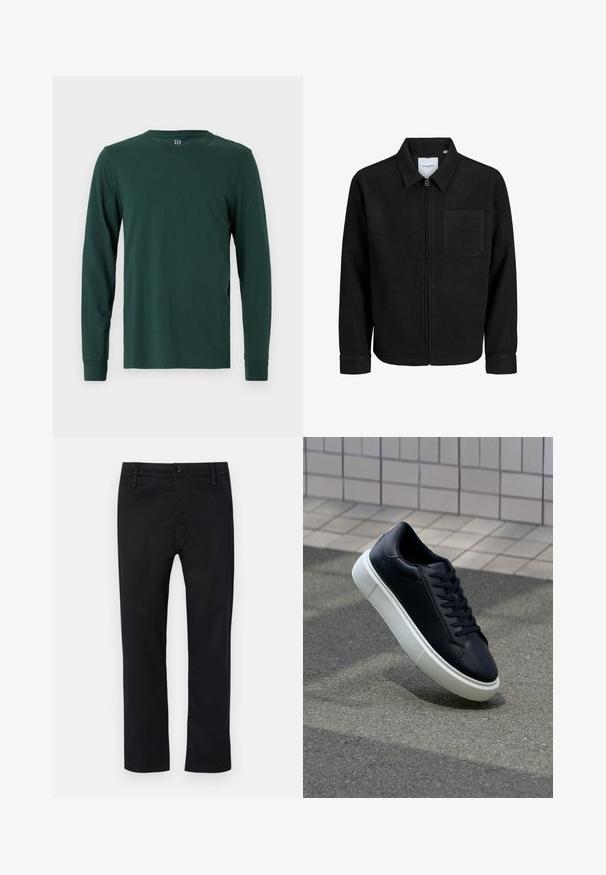 Mustaga lukuga jakker, millel on krae ja üks rinna-tasku, esitatud valgel taustal.; GAP EVERYDAY SOFT CREW SOLIDS - Pikkade varrukatega topp - green; Mustad mustad on valmistatud siledast kangast, millel on lame esiosa, tavaline vöökoht koos vöökummidega ja sirged jalad. Klassikaline disain, ilma mustriteta.; Mustast nahast tennisetoss, millel on ümar nina ja valge kummist tall. Omab siredaid paelu ja minimaalset õmblemist ülemises osas. Tekstuuriga tald, mis tagab haakuvuse.