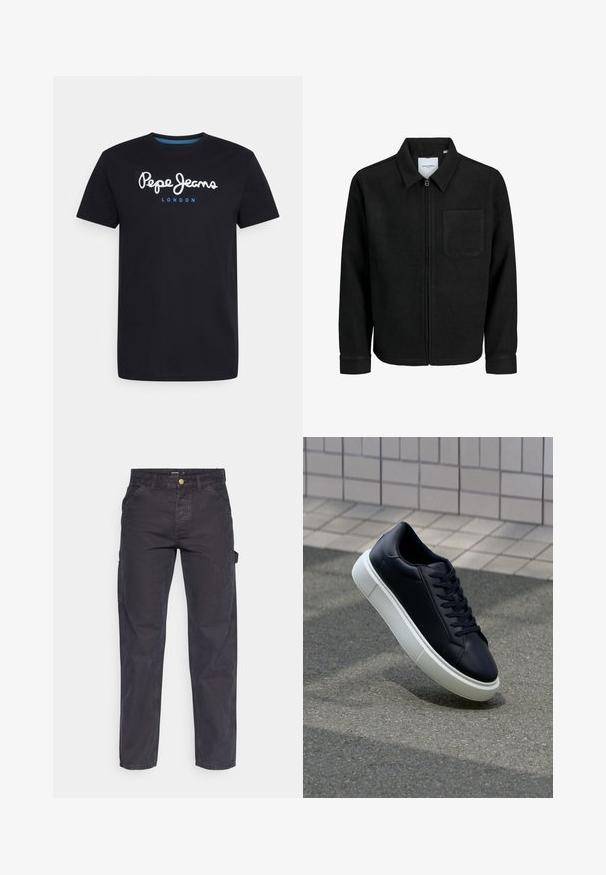 Musta vetoketjullinen takki, jossa on kaulus ja yksi rintatasku, esitelty valkoista taustaa vasten.; Musta puuvillainen T-paita, jossa on valkoinen käsikirjoituslogo "Pepe Jeans" sinisellä korostuksella, pyöreä kaula-aukko ja lyhyet hihat. Yksinkertainen, yhtenäinen muotoilu.; Tummanharmaat cargo-housut, jotka on valmistettu kestävästä kankaasta. Niissä on suora lahkeellinen leikkaus, viisi taskua ja nappikiinnitys vyötäröllä.; Mustat nahkakengät, joissa on pyöristetty kärki ja valkoinen kumipohja. Varusteena litteät nauhat ja minimaalinen ommel ylhäällä. Teksturoitu pohja pitävyyden lisäämiseksi.