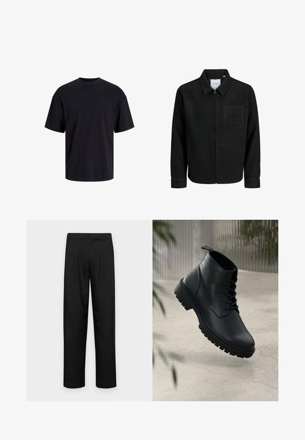 Črna jakna z zadrgo in ovratnikom ter enim žepom na prsih, prikazana na beli podlagi.; Črna bombažna majica s krojačkom izrezom, kratkimi rokavi in sproščenim krojem. Gladka tekstura in brez vidnih vzorcev ali poudarkov.; Črne hlače iz gladkega materiala, s krojem ravne noge, dvema sprednjima pregiboma in standardnim pasom z zankami za pas.; Črne usnjene gležnjarje z zaobljenim nosom, s vezalkami in trdim gumijastim podplatom. Gladka tekstura z zanko na hrbtni strani.