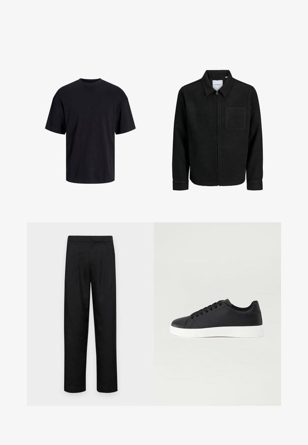 Giacca nera con zip, colletto e una tasca sul petto, mostrata su sfondo bianco.; T-shirt in cotone nero con collo rotondo, maniche corte e vestibilità morbida. Texture liscia senza pattern o dettagli visibili.; Pantaloni neri realizzati in tessuto liscio, caratterizzati da un taglio dritto, due pieghe frontali e una vita standard con passanti per la cintura.; Pier One Sneakers basse - black