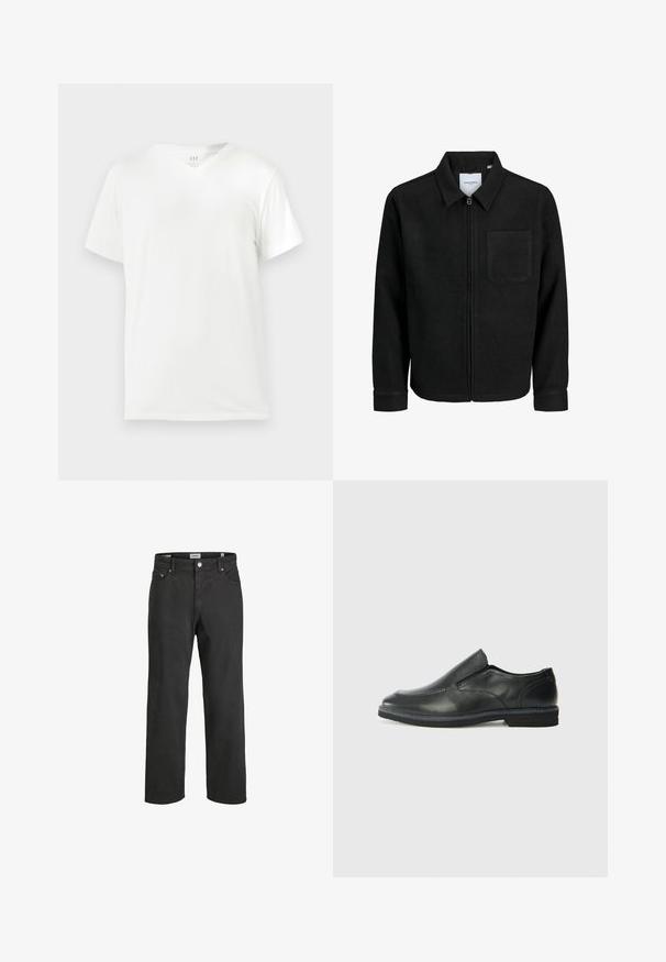 Chaqueta negra con cremallera y cuello, con un solo bolsillo en el pecho, expuesta sobre un fondo blanco.; Camiseta de algodón blanca de manga corta con escote en V, que presenta un corte relajado y una textura suave y lisa. No tiene patrones ni detalles.; Vaqueros negros de pierna recta hechos de algodón, con un clásico diseño de cinco bolsillos, cierre de botón y detalles de costura sutiles.; Zapato negro de cuero sin cordones con un upper suave, detalles de costura, punta redonda y un bajo tacón de goma. La suela presenta una tracción mínima.