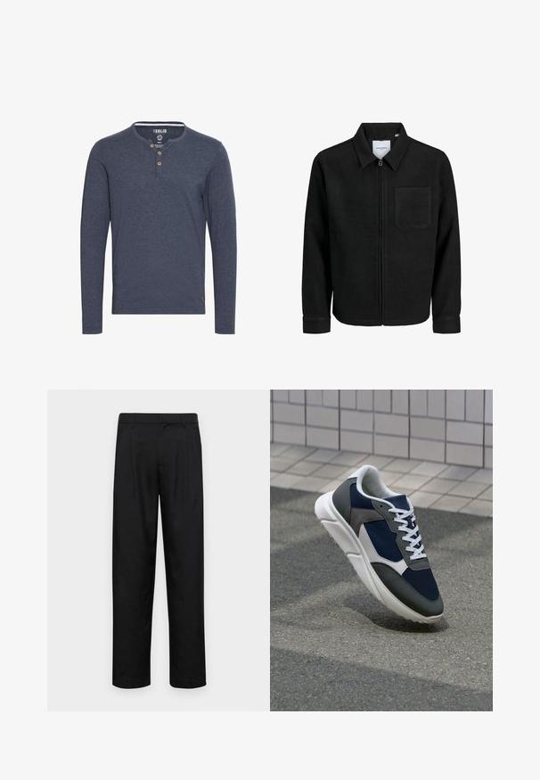 Melna jaka ar rāvējslēdzēju un apkakli, vienu krūšu kabatu, parādīta uz baltas fona.; Solid SDVOLKO - Tops ar garām piedurknēm - mottled blue; Melnas bikses, izgatavotas no gludas auduma, ar taisnu kāju dizainu, divām priekšējām krokām un standarta jostu, kurai ir āķi.; Sporta apavi ar tumši zilas krāsas tīkla augšdaļu, pelēku zamšādas akcentiem, baltu gumijas zoli un plakaniem baltiem šņorēm, kas izstrādāti komfortam un elpojamībai.