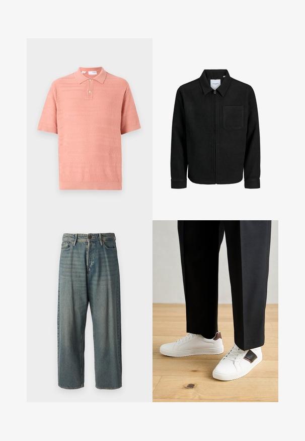 Čierna zipsová bunda s golierom a jednou náprsníkou, vystavená na bielom pozadí.; Polo s krátkym rukávom v svetloružovej farbe s textúrovanými vzormi a golierom na dva gombíky. Vyrobené z mäkkého, priedušného pleteného materiálu.; Svetlomodré denimové nohavice so voľným strihom, stredne vysokým pásom a rovnými nohavicami. Obsahujú päť vreciek, pútka na opasok a zapínanie na gombík.; Biele tenisky s hladkým povrchom, s hnedými koženými akcentmi a čiernymi detailmi, spárované s čiernymi elegantnými nohavicami. Pozadím je drevená podlaha.