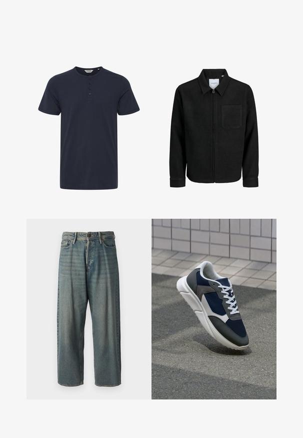 Mustaga lukuga jakker, millel on krae ja üks rinna-tasku, esitatud valgel taustal.; Tumed sinine lühikeste varrukatega T-särk, mis on valmistatud puuvillast, omades ümmargust kaelust ja kolme nupuga tõmblukku. Sile tekstuur, ilma mustriteta.; Heledad sinine denim-stiilis teksad, volüümse lõike, keskmise kõrgusega talje ja sirgete säärega. Omab viit taskut, vöökumme ja nööpide sulgemist.; Sneaker, mille sinine võrkkangas, hallid nubukdetailid, valge kummitald ja lamedad valged paelad, disainitud mugavuseks ja hingavuseks.