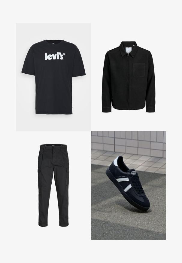 Mustaga lukuga jakker, millel on krae ja üks rinna-tasku, esitatud valgel taustal.; Levi's® RELAXED FIT - Trükipildiga T-särk - caviar; Mustad mustapõlvik, mis on valmistatud tugeva koe kasutades, sisaldab mitmeid taskuid, nupule kinnitatav sulgemine ja kitsenev disain.; Must have musta sneaker musta valgete triipudega, tekstuurne kummitald ja nööridega esiosa. Omab bränditud märki keele peal.