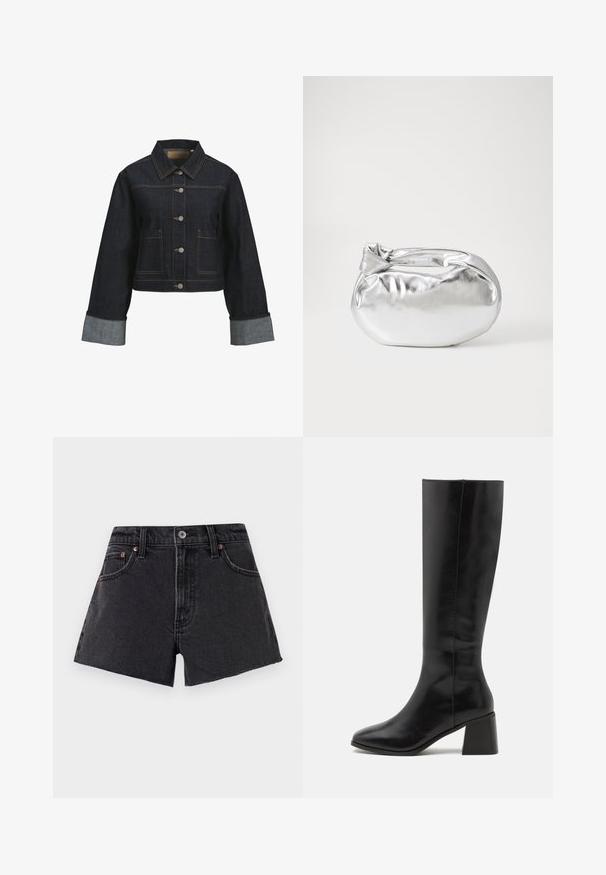 Tumša džinsu jaka ar izgrieztu dizainu, misiņa pogām, krūšu kabatām un kontrastējošām gaišām piedurknēm. Iespējams klasiskā apmale un šuvju detaļas.; Melnā bodija ar garām piedurknēm, piedāvā ar caurspīdīgu V-veida kakla izgriezumu un savāktu plecu detaļu. Gluda auduma, ar pieguļošu formu.; Melnas denima šortos ar augstu jostasvietu, saplēstu malu, priekšējām kabatām un vara krāsas niķelējumi. Gluda tekstūra un klasiskā piegriezuma.; ONLY SHOES ONLBIJOU KNEE HIGH BOOT - Zābaki - black; Sudraba metāliska poga somiņa ar mīkstu, noapaļotu formu un mezgla augšējo aizdari. Izgatavota no gludas mākslīgās ādas materiāla.; Sudraba gredzenveida auskari ar minimālistisku dizainu. Cirkulāra forma, gluda tekstūra un plāns profils. Vieglu svaru ar spīdīgu apdari.
