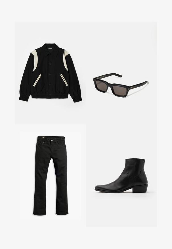 Musternakk, mille varrukatel on elastsed soonikud, ja millel on kreemjad detailid õlgadel ja taskutel. Klõpsuga kinnitamine, kerge kangas, mugav lõige.; Beige pikkade varrukatega crewneck sviiter, mis on valmistatud pehmest materjalist. Omab soonikuid mansetide ja ääre osas, sile tekstuur ja minimalistik disain.; Mustadest denimist teksad sirge jala disainiga, viie taskuga, metalsete nööpidega kinnituse ja peente õmblusdetailidega. Sile tekstuur ja ühtlane värv.; Mustad musta nahast pahkluu saapad terava varbaga, minimaalsed õmbluse detailid, keskmise kõrgusega plokk konts ja sile, poleeritud viimistlus.; Mustad mustakorruselised prillid tumedate läätsedega, paks plastikraam, kuldsed aksendid templites ning kaubamärgi logo graveeritud käe lilla.