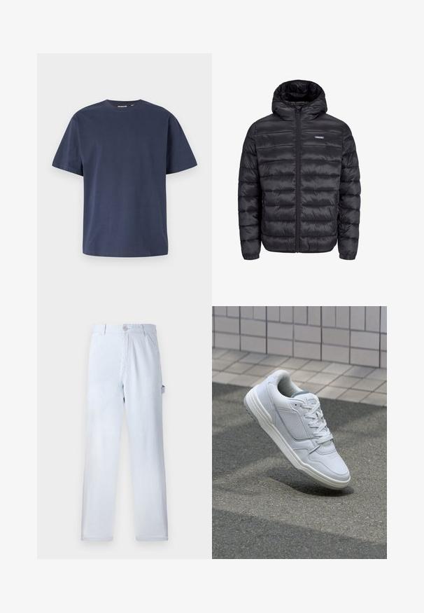 Giacca a vento nera con cappuccio. Presenta sezioni trapuntate, chiusura frontale con zip e tasche laterali. Materiale liscio e lucido con polsini elastici.; T-shirt in cotone blu navy con scollatura rotonda e maniche corte. Tessuto liscio, taglio dritto e cuciture minime, che offrono un design classico.; Pantaloni a righe blu chiaro realizzati in cotone. Design a gamba dritta, con chiusura frontale a bottone e tasche laterali. Texture morbida.; Sneaker bianca in pelle con lati perforati, accenti testurizzati, lacci piatti e tallone grigio a contrasto. Presenta una suola leggermente elevata.