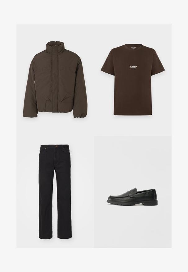 Veste matelassée brune avec un col haut, une fermeture éclair à l'avant, deux poches latérales et une texture matelassée. Conçue pour la chaleur et le confort.; T-shirt en coton marron à manches courtes, col rond et petit logo blanc sur la poitrine. Texture lisse et coupe standard.; Jean en denim noir avec une coupe droite, dotés d'une fermeture à bouton, de cinq poches et d'accents en matériel couleur cuivre.; Mocassins en cuir noir avec une finition lisse, tige de style moccasin, détails cousus et semelle en caoutchouc. Design classique avec un talon bas.