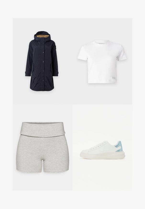 Tamnave modra vodoodporna jakna s kapuco, z zaponkami na gumb, dvema stranskima žepoma in svetlo rjavim notranjim podbrusom. Primerna za hladno vreme.; Bela skrajšana majica iz gladkega bombaža, z visokim ovratnikom in kratkimi rokavi. Majhen vezen logotip v spodnjem kotu.; Svetlo sivi bombažni šortki z širokim, zloženim pasom. Gladka tekstura, prilegajoča se oblika in brez vidnih žepov ali dodatnih podrobnosti.; Bele teniske z gladko usnjeno površino, s svetlo modrim sijajnim poudarkom na peti in robustnim belim podplatom.