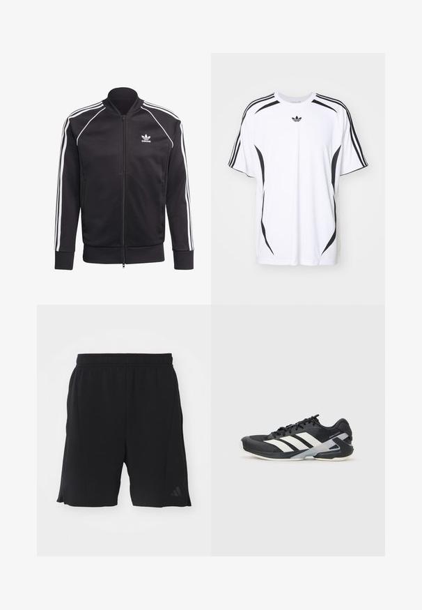 Juodas užtrauktukas švarkas, pagamintas iš lygaus poliesterio, su baltais dryžiais ant rankovių, susiūtomis rankovėmis ir mažuoju baltu logotipu ant krūtinės.; Balta trumpa rankovėmis marškinėliai su juodais šonais ir trimis juodomis juostelėmis ant pečių. Įskaičiuotas mažas juodas logotipas ant krūtinės.; Juodos sportinės šortai, pagaminti iš lengvos medžiagos, su elastinga juosmens juosta. Yra šoninės išpjovos ir subtilus logotipo akcentas kairėje kojoje.; Juoda sportinė avalynė su baltais dryžiais, tinklinis viršus, apvalus pirštas ir paminkštinta padais. Yra tekstūruota kulno dalis ir saugi raištelių sistema.