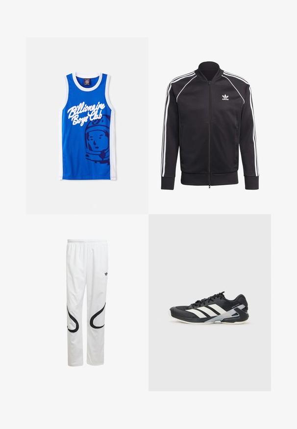 Mustmust mustriidest must kapuutsiga jope, millel on sujuv polüester, valged triibud varrukatel, soonikkoes varrukad ja väike valge märk rinnal.; Sinine võrgust särk, millel on valge "Billionaire Boys Club" logo ja astronaudi graafika. Valge ääris käte ja kaela ümber.; Valged sportpüksid sileda pinnaga, mustade kaarjate kujunditega külgedel ja must logoga vöökoha lähedal.; Mustad sportlik jalanõud mustade värvidega, valgete triipudega, võrgusilma pealmine osa, ümar varvas ja pehme tallaga. Omab tekstureeritud kontsa ja kindlat paeltesüsteemi.