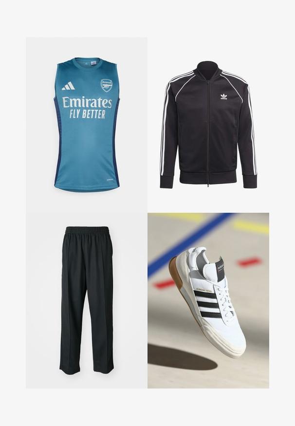 Svart zip-up jacka i slät polyester, med vita ränder på ärmarna, ribbade muddarna och en liten vit logotyp på bröstet.; Aqua ärmlös tröja med Arsenal-logotypen, texten "Emirates Fly Better" och mörkblå sidopaneler. Tillverkad av mjukt tyg.; Svarta träningstights med elastisk midja, tillverkade av mjukt tyg, med subtila sidstygn och en avslappnad passform, rak bensdesign.; Vit Adidas Mundial Goal sneaker med svarta ränder och gummisula, visad i luften över en sportgolv med färgade linjer.