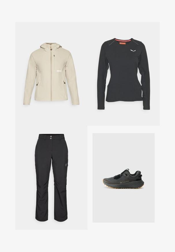 Bežs jakas ar pieguļošu dizainu, priekšējo rāvējslēdzēju, regulējamu kapuci un divām sānu kabatām ar melnu aparatūru un logotipa detaļu.; Salewa PEDROC DRY TEE W. - Tops ar garām piedurknēm - black out; Melnas brīvā laika bikses ar taisnu piegriezumu, aprīkotas ar pogu aizdari, rāvējslēdzēja sānu kabatām un logotipa uzlīmi kreisajā augšstilbā.; Columbia TERRASTRIDE CRZ - Pārgājienu apavi - shark/black