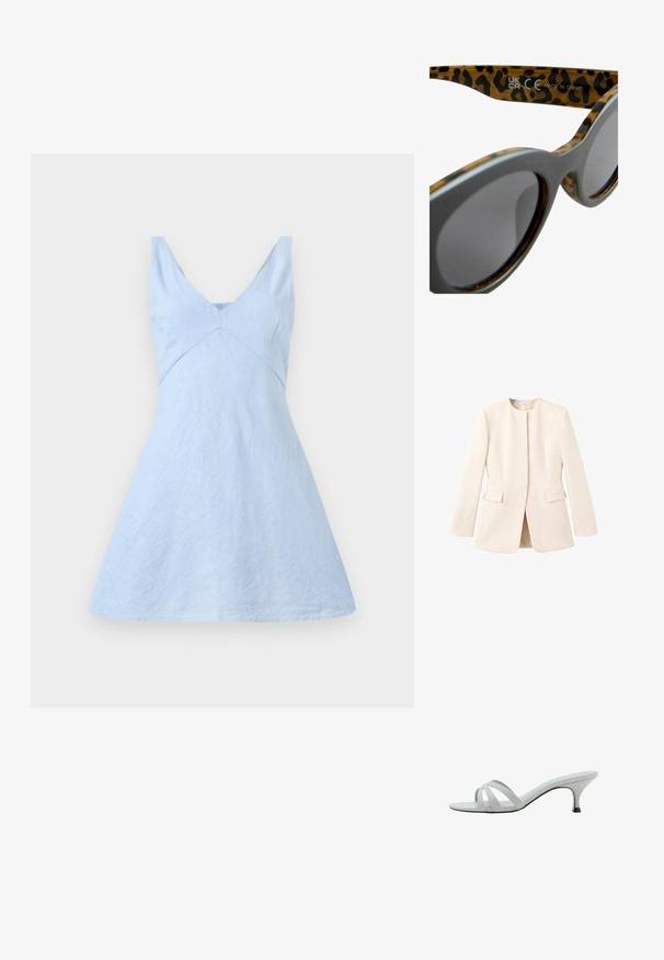 Jasnobeżowa marynarka dopasowana, z okrągłym dekoltem i kieszeniami z przodu. Gładki materiał o minimalistycznej estetyce.; Jasnoniebieska sukienka z lnu z dekoltem w serek, dopasowaną górą i rozkloszowaną spódnicą. Charakteryzuje się subtelną teksturą i prostymi liniami. Brak widocznych elementów metalowych lub wzorów.; Jasnoszare sandały na obcasie z trzema krzyżującymi się paskami, o smukłym profilu i zwężanym obcasie. Gładka faktura z lekko błyszczącym wykończeniem.; Okulary przeciwsłoneczne w leopardziego wzoru z szarymi oprawkami, okrągłymi soczewkami i fakturowanymi zausznikami. Zawierają szczegóły producenta na wewnętrznej stronie zausznika.; Jasnoniebieska skórzana torba na ramię z złotym łańcuchem, prostokątny kształt oraz zamek z przodu z logo. Gładka tekstura i minimalistyczny design.