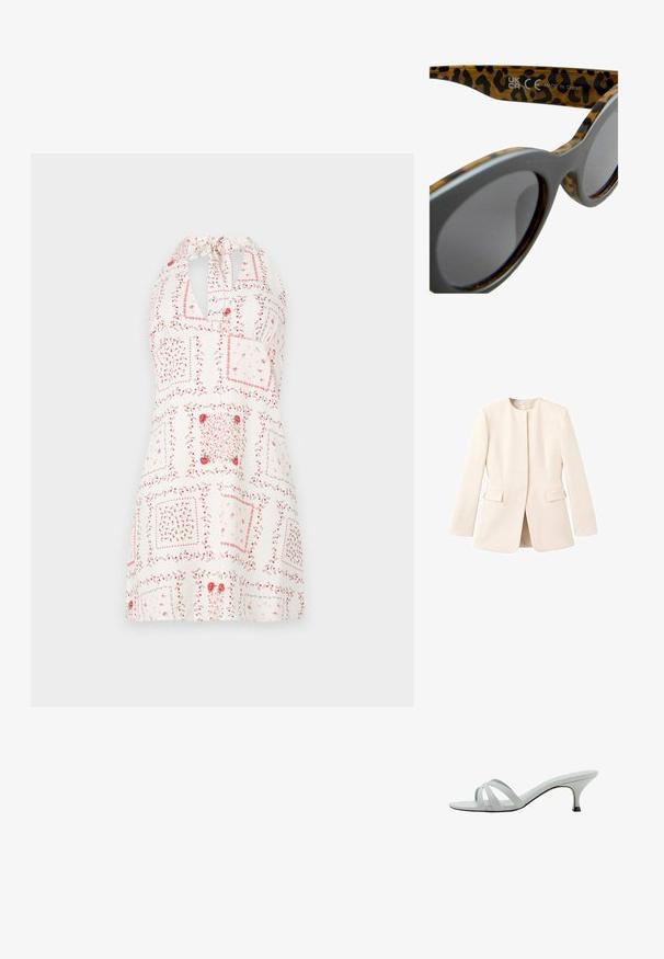 Jasnobeżowa marynarka dopasowana, z okrągłym dekoltem i kieszeniami z przodu. Gładki materiał o minimalistycznej estetyce.; Biała sukienka z dekoltem halter, z kwiatowym wzorem w odcieniach czerwieni i różu, kwadratowymi motywami oraz otworem w kształcie łezki przy dekolcie.; Jasnoszare sandały na obcasie z trzema krzyżującymi się paskami, o smukłym profilu i zwężanym obcasie. Gładka faktura z lekko błyszczącym wykończeniem.; Okulary przeciwsłoneczne w leopardziego wzoru z szarymi oprawkami, okrągłymi soczewkami i fakturowanymi zausznikami. Zawierają szczegóły producenta na wewnętrznej stronie zausznika.; Jasnoniebieska skórzana torba na ramię z złotym łańcuchem, prostokątny kształt oraz zamek z przodu z logo. Gładka tekstura i minimalistyczny design.