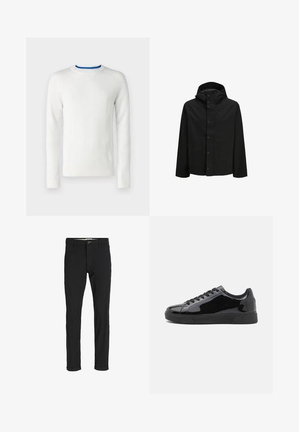 Black waterproof jacket featuring a hood, snap-button closure, and two front pockets with a simple design and smooth texture.; White ribbed sweater with long sleeves, crew neck, and blue accent at the collar. Made of textured fabric, featuring a fitted design.; Black cotton blend pants with a slim fit, featuring a button closure, pockets, and rolled cuffs for a casual finish.; Black patent leather sneakers with a round toe, flat rubber sole, and black laces. Smooth, shiny texture on upper surface.