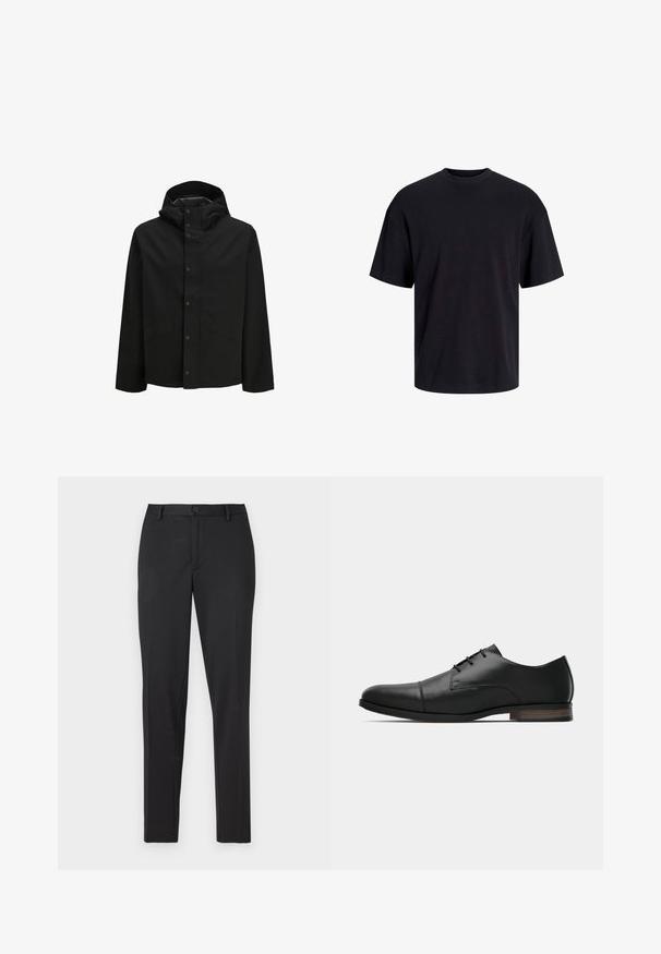 Crna vodootporna jakna s kapuljačom, zatvaranjem na gumbi i dva prednja džepa, jednostavnog dizajna i glatke teksture.; Crna pamučna majica s okruglim izrezom, kratkim rukavima i opuštenim krojem. Glatka tekstura bez vidljivih uzoraka ili dekoracija.; Crne krojene hlače s glatkom tkaninom, ravnim nogavicama, jednim gumbom za zatvaranje i diskretnim džepovima.; Crne muške osborne cipele od kože s okruglim prstom, šivom na vrhu, tri rupice za vezanje i niskim smeštenim smešanim potplatom, bočni pogled.