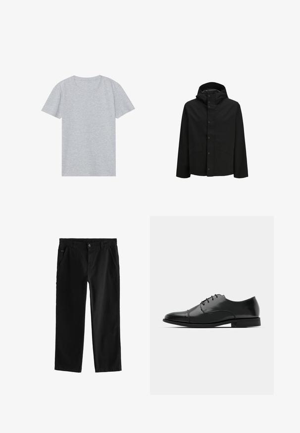 Chaqueta negra impermeable con capucha, cierre de botones a presión y dos bolsillos frontales, con un diseño simple y textura suave.; Camiseta corta gris de manga corta hecha de una suave mezcla de algodón, que presenta un clásico escote redondo y una textura ligera y suave.; Pantalones de algodón negros con un diseño de pierna recta, con cierre frontal de botón, bolsillos laterales en ángulo y detalles de costura sutiles.; Zapato de vestir de cuero negro con punta redondeada, diseño con cordones, detalles de costura sutiles y un tacón bajo. Textura suave con acabado pulido.