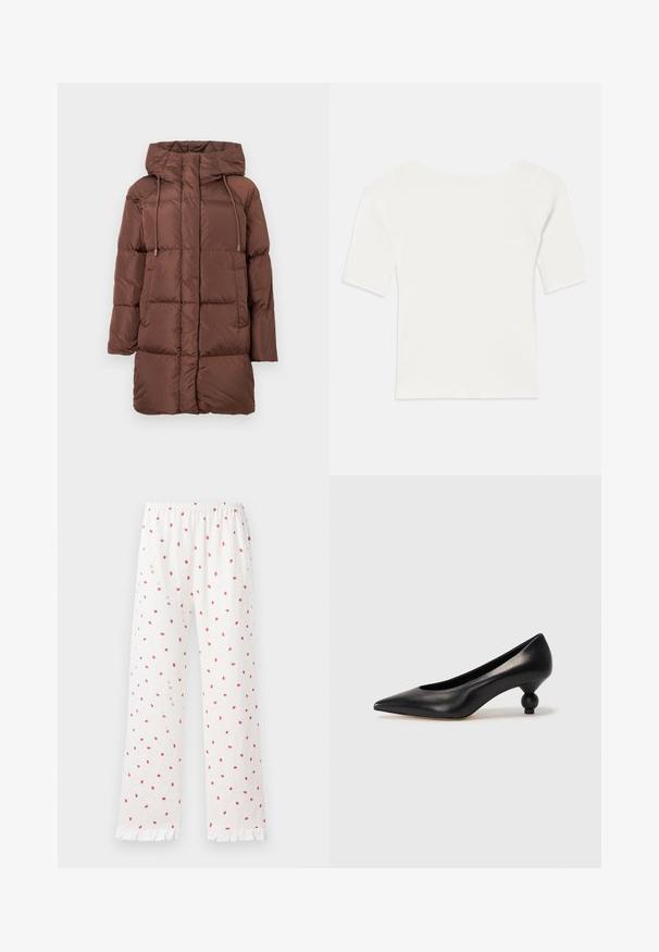 Barna pufi kabát kapucnival, tűzött mintázattal, húzózsinóros részletekkel, hosszú ujjal és közepes hosszúságú fazonnal. Simás textúra.; Fehér bordázott, rövid ujjú felső széles nyakkivágással. A textúrája függőleges csíkokkal rendelkezik, hangsúlyozva a szoros illeszkedést és az egyszerű dizájnt.; Laza fehér pizsamanadrág piros eper mintával, rugalmas derékpánttal és fodros szegélyekkel. Könnyű anyag és egyenes lábszárú kialakítás.; Fekete bőr magassarkú cipő, hegyes orral és kerek, gömbölyű sarokkal. Simább textúrával, elegáns, minimalista dizájnnal.