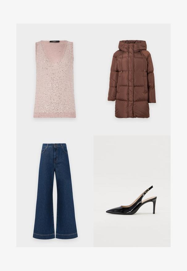 Bruzs pufjakas ar kapuci, ar izšūšanas dizainu, aukliņu akcentiem, garām piedurknēm un vidēja garuma piegriezumu. Gluda tekstūra.; Bez piedurknēm, V-veida kakla tops gaiši rozā krāsā ar ribota raksta struktūru, ar izkaisītiem sudraba spīguļiem, kas piešķir mirdzošu akcentu.; Plati ziladenim bikses ar augstu jostasvietu, kas aprīkotas ar pogas aizdari, jostu cilpām un nelieliem šuvju detalizējumiem ap kabatām un malām.; Melnas lakotās ādas slingback kurpes ar izteiktu degunu, šauru papēdi un smalku izgriezumu dizainu. Siksniņai ir zelta sprādze.