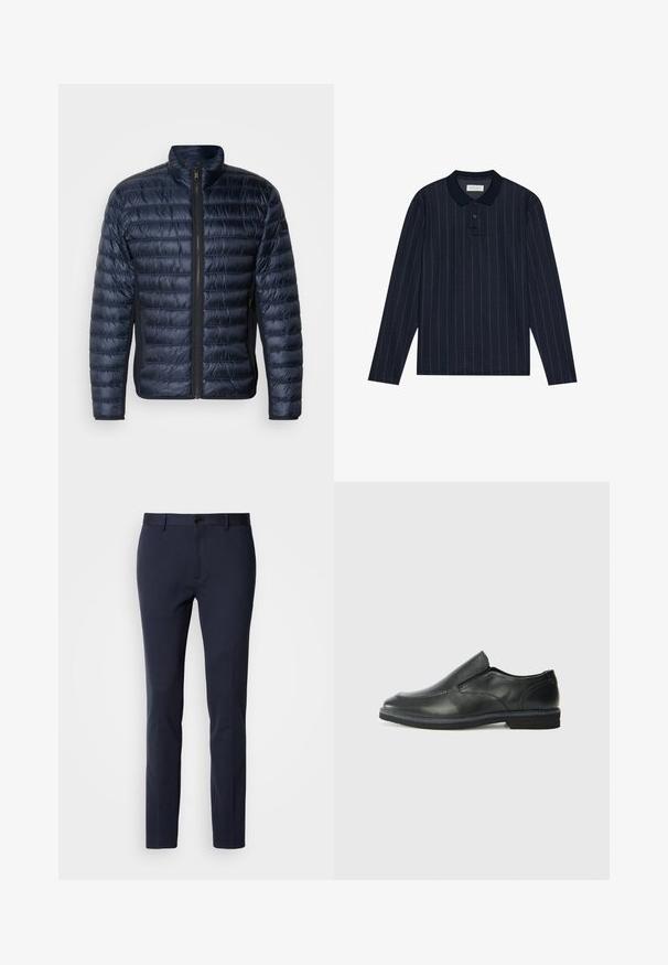 Casaco acolchoado azul-marinho com costuras quiltadas horizontais, gola alta e fecho zip. Apresenta bolsos laterais e uma textura lisa e brilhante.; Polo de manga longa azul-marinho com collar, apresentando finas riscas verticais e abertura com três botões. Textura de tecido suave.; Calças de marinheiro feitas de um tecido liso e elástico. Apresentam um fecho com zip, um único botão e pernas slim e afuniladas.; Sapato slip-on preto em pele com um upper liso, acabamentos cosidos, bico arredondado e um salto de borracha baixo. A sola apresenta um padrão de aderência mínimo.