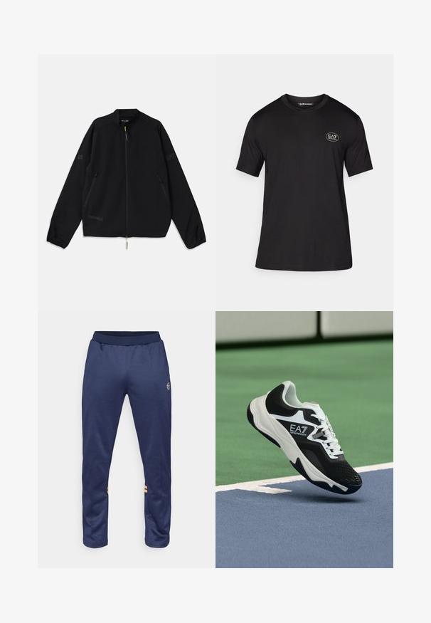 Juodas sulankstomas džemperis, pagamintas iš lengvos medžiagos, su užtrauktuku priekyje, šoninėmis kišenėmis ir logotipo akcentais pilkoje ir žalioje spalvose.; Juoda trumpa rankovė t-shirt, pagaminta iš minkštos medžiagos, su apvaliu kaklu ir mažo balto logotipo kairėje krūtinės pusėje.; Tamsiai mėlynos sportinės kelnės su elastinga juostos, dvi šoninės juostelės oranžinės spalvos apatinių kojų dalyje ir logotipas viršutiniame dešiniajame šlaunyje.; Juodos ir baltos spalvos EA7 Emporio Armani sportbačiai pakabinti virš mėlynų ir žalių teniso korto linijų.