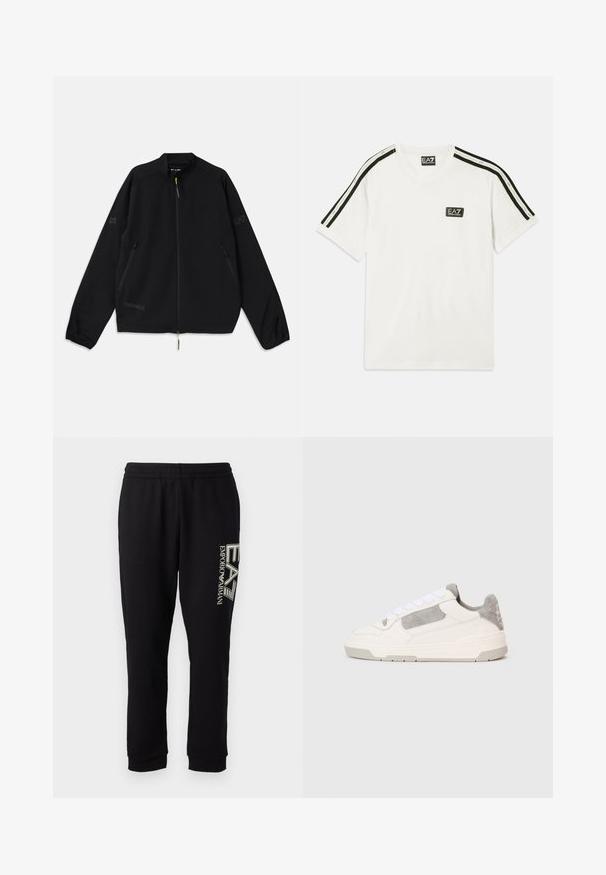 Juodas sulankstomas džemperis, pagamintas iš lengvos medžiagos, su užtrauktuku priekyje, šoninėmis kišenėmis ir logotipo akcentais pilkoje ir žalioje spalvose.; Balta medvilninė marškinėliai su apvaliu kaklu, trumpomis rankovėmis, juodais akcentiniais dryžiais ant pečių ir mažuoju EA7 logotipu ant krūtinės.; EA7 Emporio Armani PANTALONI - Treningo apatinė dalis - black; Baltos ir šviesiai pilki žemakulniai sportbačiai su baltais raišteliais ir zomšos akcentais, rodomi iš šono ant vientiso šviesaus fono.