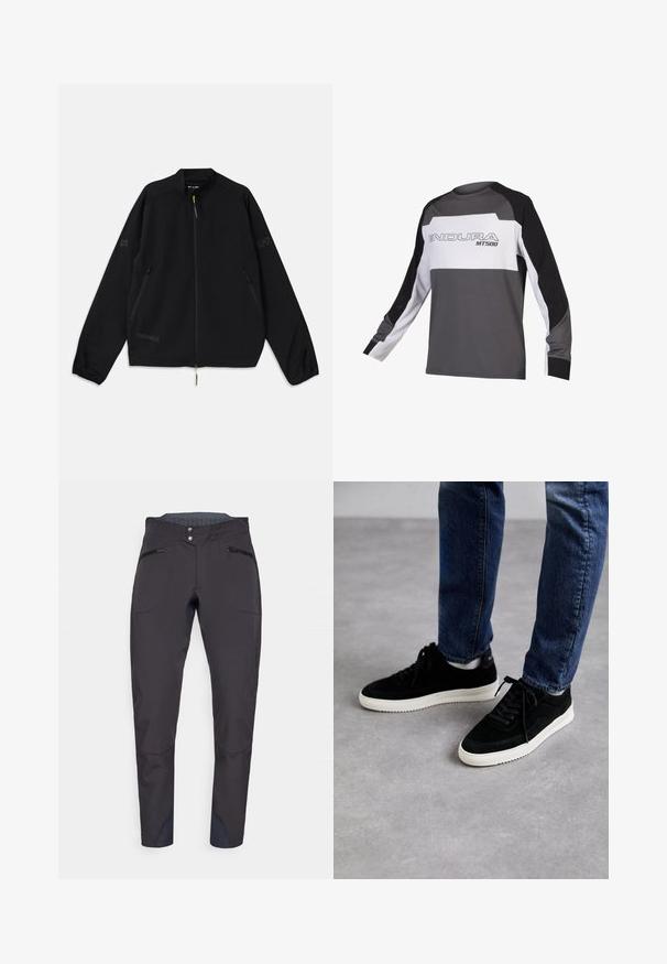 Fekete, összecsukható dzseki könnyű anyagból, cipzáras elöl, oldalzsebekkel és szürke, zöld logókkal díszítve.; Hosszú ujjú kerékpáros mez szürke, fekete és fehér színben. Texturált elülső rész, hálós oldalsó panelek, valamint "ENDURA MT500" logó található a mellen.; Fekete technikai nadrág, slim fit szabással, cipzáras elülső zsebekkel, megerősített térd részekkel és texturált derékrésszel.; Fekete velúr sportcipők fehér gumi talppal, klasszikus alacsony fazonnal, kerek orral és lapos fekete fűzőkkel.