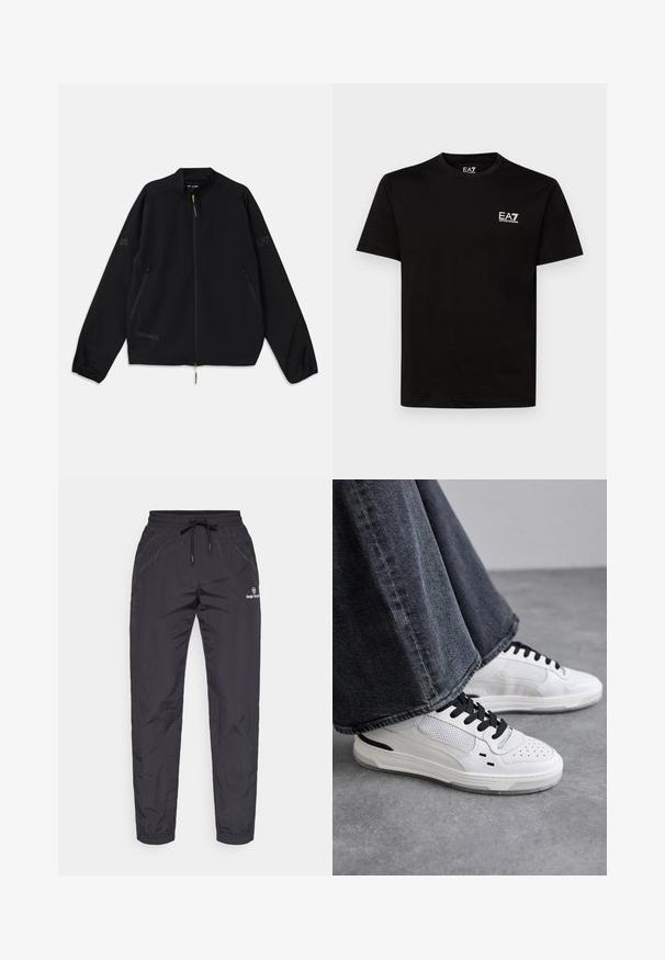 Melnā saņemamā jaka, izgatavota no viegla materiāla, ar rāvējslēdzēja priekšpusi, sānu kabatām un logotipa akcentiem pelēkā un zaļā krāsā.; Melns kokvilnas T-krekls ar apaļu kakla izgriezumu, īsām piedurknēm un mazu balto EA7 logotipu kreisajā krūtīs. Gluda tekstūra un regulāra piegriezte.; Melnas, vieglas, ūdensizturīgas sporta bikses ar elastīgu jostu un pielāgojamu auklu. Iezīmētas ar sašaurinātām kājām un logotipa detaļu.; Baltas sneakers ar melnām auklām un sieta detaļām. Iekļauj gludu ādas virsu un strukturētu gumijas zoli. Pāris ar platām pelēkām džinsām.