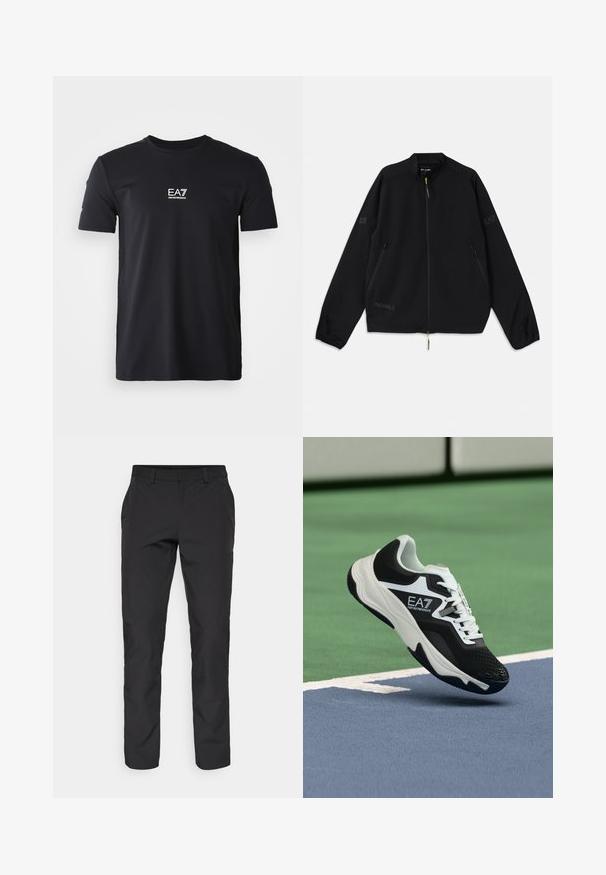 Črna zložljiva jakna iz lahkega materiala, z zadrgo spredaj, stranskimi žepi in logotipnimi poudarki v sivi in zeleni barvi.; Črna majica s kratkimi rokavi iz gladkega materiala, ki ima majhen bel logotip na prsih, okroglo ovratnico ter standardno prileganje.; Črne hlače ravnega kroja, izdelane iz gladkega materiala. Imajo poševne sprednje žepe in standardni pas.; Črno-beli čevelj EA7 Emporio Armani, ki visi nad modrimi in zelenimi linijami teniškega igrišča.
