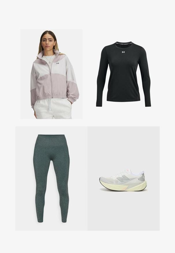 Lengvas zip-up striukė levandų ir baltos spalvų blokais, su aukštu apykakle ir elastiniais rankogaliais rankovėse bei apačioje.; Juodas ilgomis rankovėmis sportinis marškinėlis, pagamintas iš lygaus audinio. Turi apvalų iškirpimą ir ant apykaklės spaudintą Under Armour logotipą.; Tamsiai žalsvos leggingai su metaliniu blizgesiu. Aukšto liemens dizainas, glotni tekstūra ir figūrą pabrėžiantis siluetas. Nėra matomų siūlių ar raštų.; Lengvas bėgimo batelis su pilkai balta tinklelio viršutine dalimi, išryškintu 'N' logotipu ir geltona vidurio dalimi su kampuotais akcentais. Juodas padas.