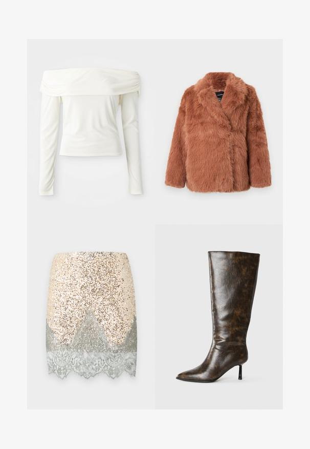Brauner Mantel aus Kunstpelz mit Schalkragen, langen Ärmeln und Wickeldesign. Weiche Textur mit dichten Fasern, geeignet für kaltes Wetter.; Off-Shoulder Langarmtop in Cremeweiß, aus glattem Stoff mit körperbetontem Schnitt und Raffung am Ausschnitt.; Kurzer, paillettenbesetzter Rock in Beige mit silbernen Akzenten und einem Spitzenbesatz am Saum. Glatte Textur mit glänzender, reflektierender Oberfläche.; Braune, abgenutzte Lederkniehohe Stiefel mit spitzem Zeh und dünnem Stiletto-Absatz auf weißem Hintergrund.