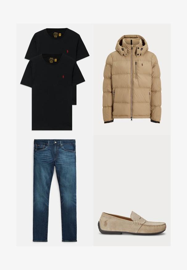 Brūna pūķa jaka ar rāvējslēdzēju priekšpusē, noņemamu kapuci, elastīgiem aprocēm, divām sānu kabatām un mazu logotipu kreisajā krūtīs.; Melna kokvilnas T-krekli ar apaļu kaklu divu iepakojumā, ar mazu sarkanu izšūtu logotipu uz krūts. Pielāgota plāna piegriezuma dizains.; Tumši zili džinsi no džinsa auduma, ar plānu piegriezumu, piecām kabatām, kontrastējošu oranžu šuvi un taisnu kāju dizainu.; Beige zamšveida loaferi ar izšūtu detaļu, platu gumijas zoli un mazu logo sānos. Klasisks viegli uzvelkamais dizains, mīksta tekstūra.